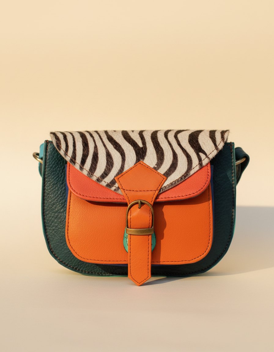 One-of-one hair-on flap saddle bag, zebra flap orange teal saddle colourway (cowhide)
