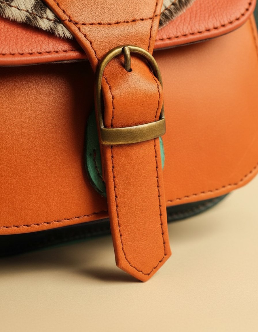 One-of-one hair-on flap saddle bag, zebra flap orange teal saddle colourway (cowhide)