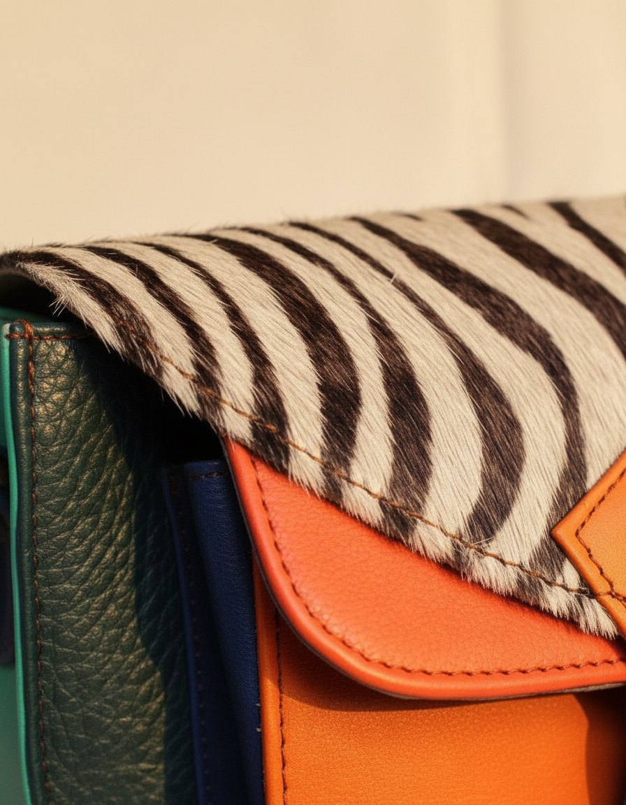 One-of-one hair-on flap saddle bag, zebra flap orange teal saddle colourway (cowhide)