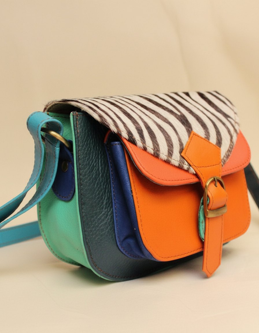 One-of-one hair-on flap saddle bag, zebra flap orange teal saddle colourway (cowhide)