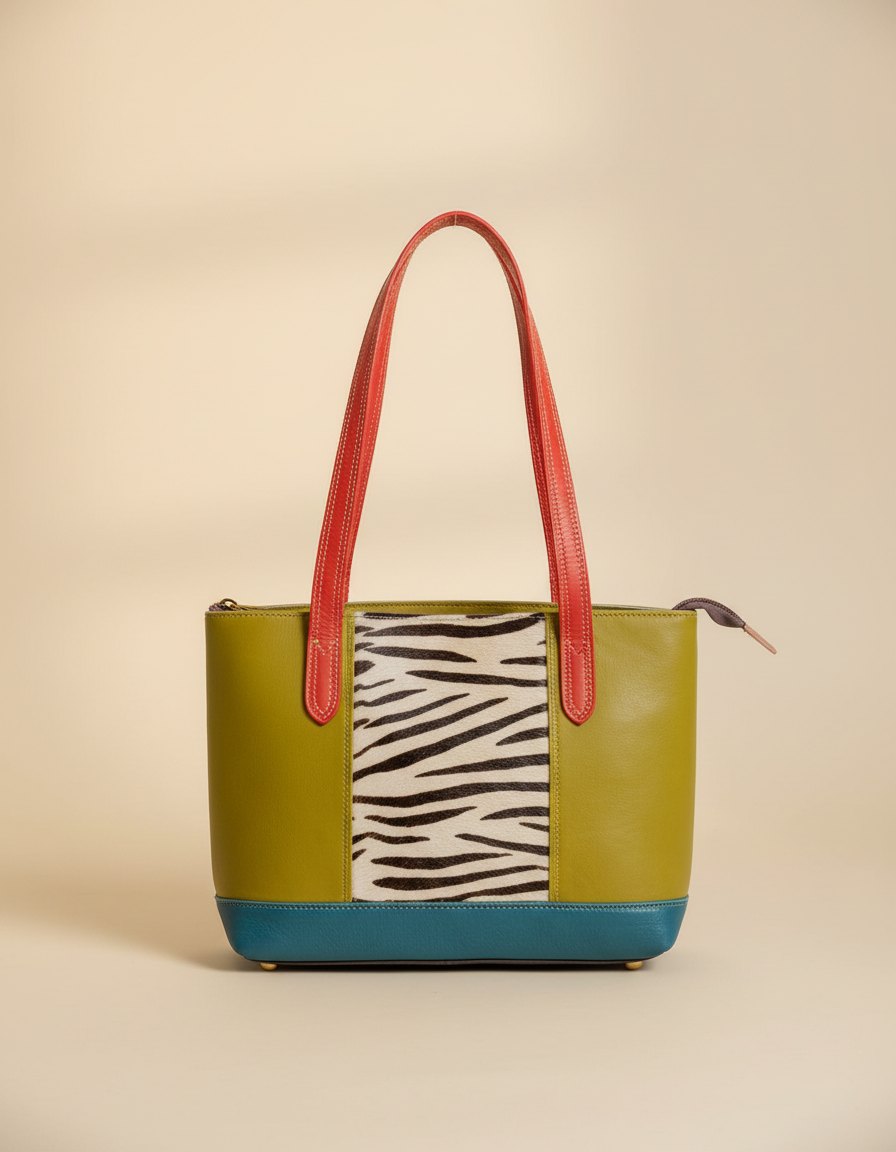One-of-one hair-on panel leather tote, zebra panel olive tote colourway (cowhide)