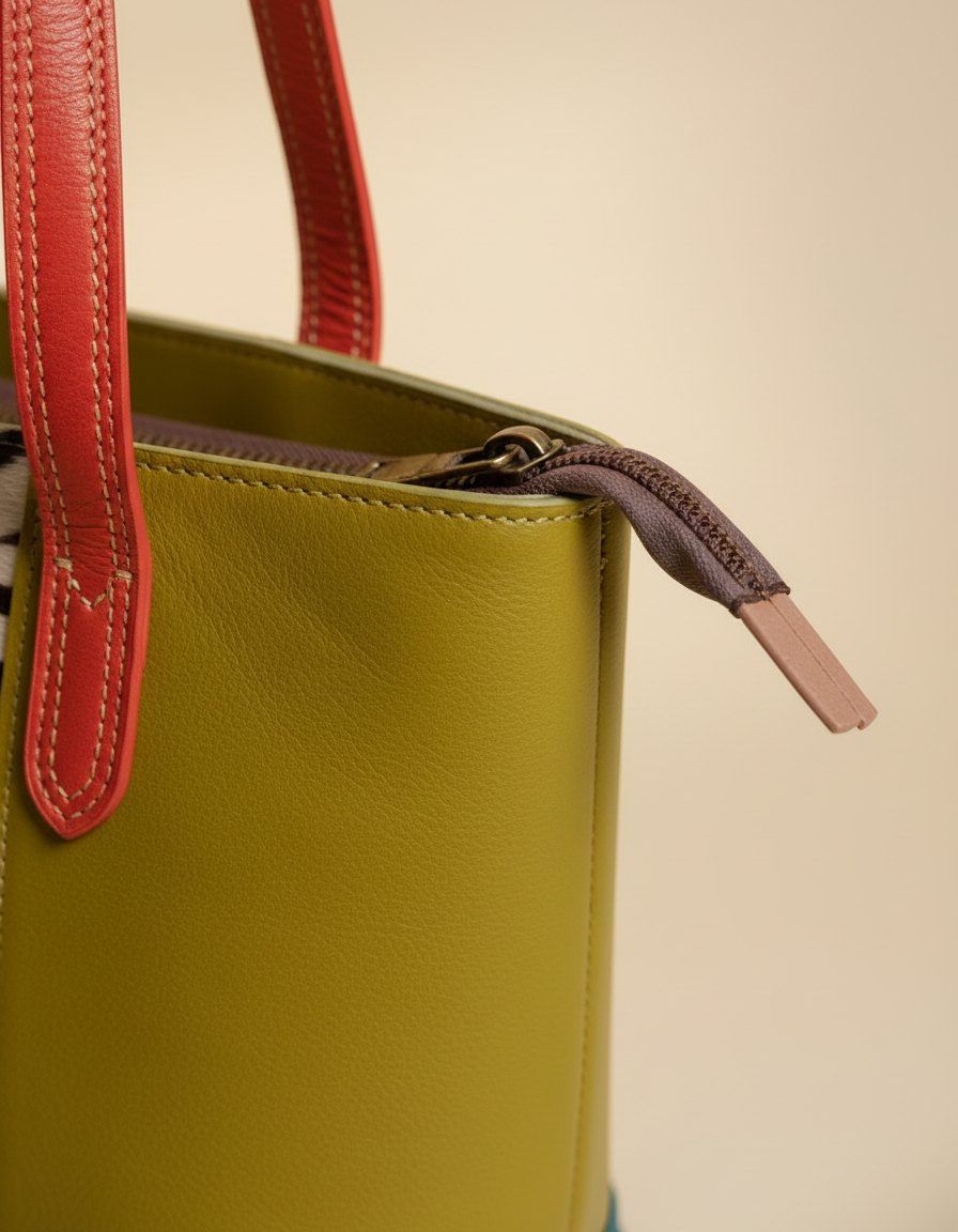 One-of-one hair-on panel leather tote, zebra panel olive tote colourway (cowhide)