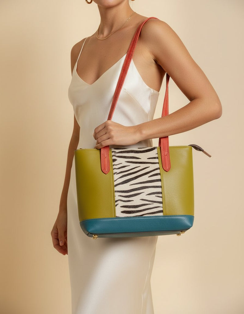One-of-one hair-on panel leather tote, zebra panel olive tote colourway (cowhide)