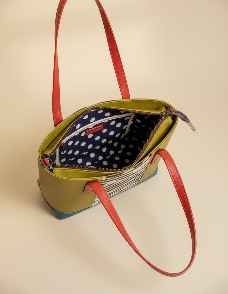 One-of-one hair-on panel leather tote, zebra panel olive tote colourway (cowhide)