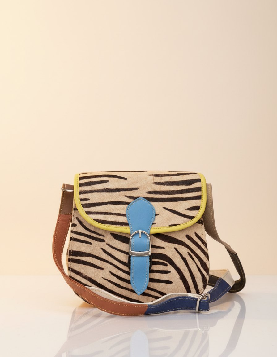 One-of-one hair-on flap saddle bag, zebra saddle blue buckle colourway (cowhide)