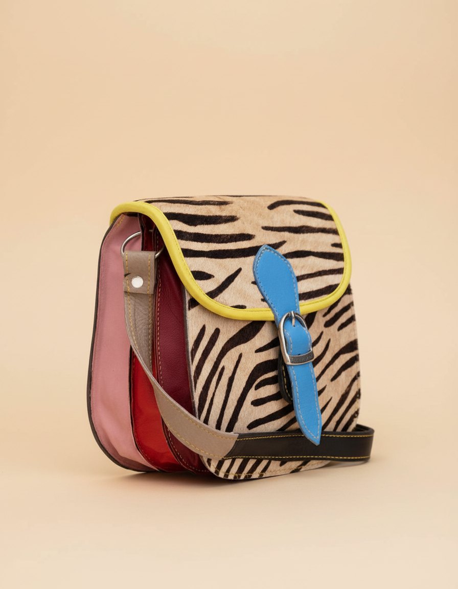 One-of-one hair-on flap saddle bag, zebra saddle blue buckle colourway (cowhide)
