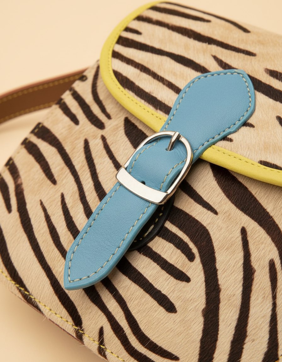 One-of-one hair-on flap saddle bag, zebra saddle blue buckle colourway (cowhide)