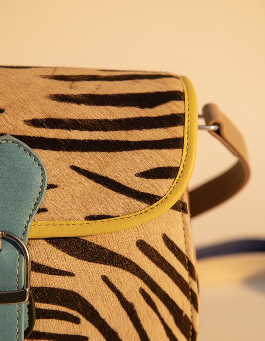 One-of-one hair-on flap saddle bag, zebra saddle blue buckle colourway (cowhide)