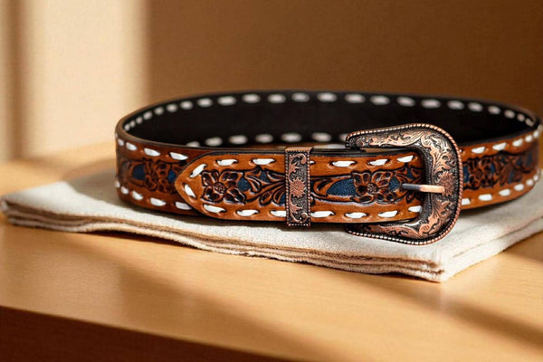 Full grain leather belt with hand carved floral and basketweave tooling