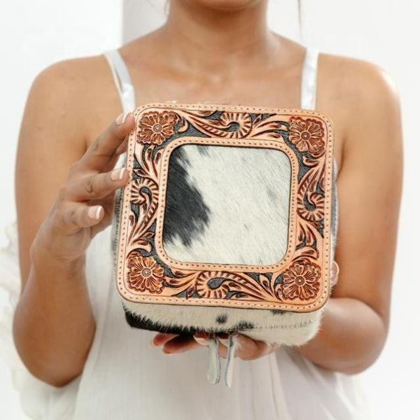 Cowhide Jewelry Box – Tooled Leather Trim, Travel Case