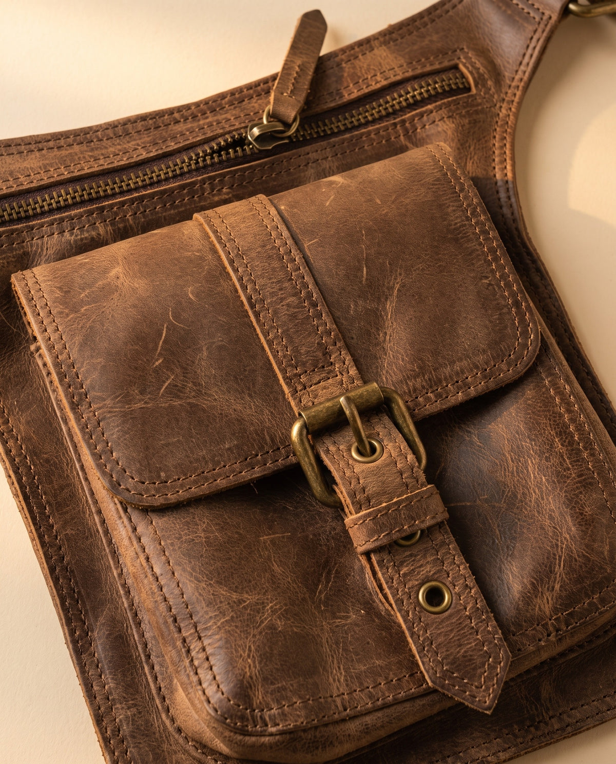 Brown leather leg bag with buckle pocket, detail close-up, by Ya Qalbi