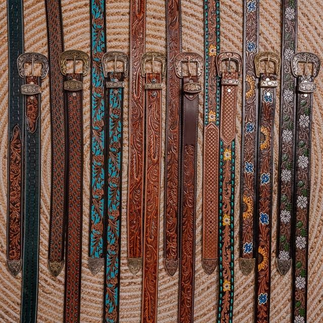 Handmade unisex cowboy belt with solid brass designer western buckle