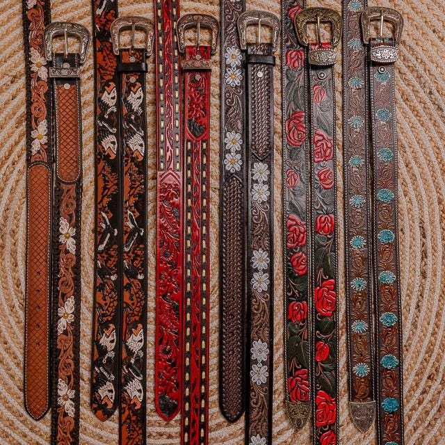 Handmade unisex cowboy belt with solid brass designer western buckle