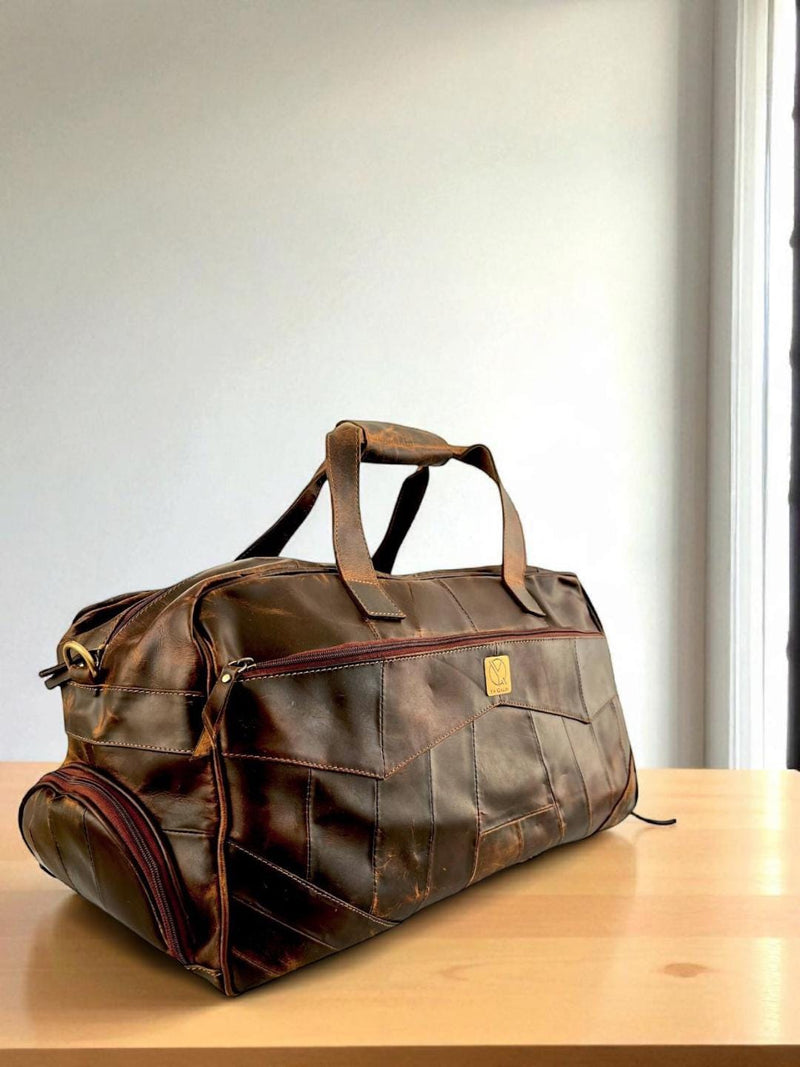 Hard-Waxed Leather Travel Duffle Bag: Shoe Compartment, Geometric Stitching