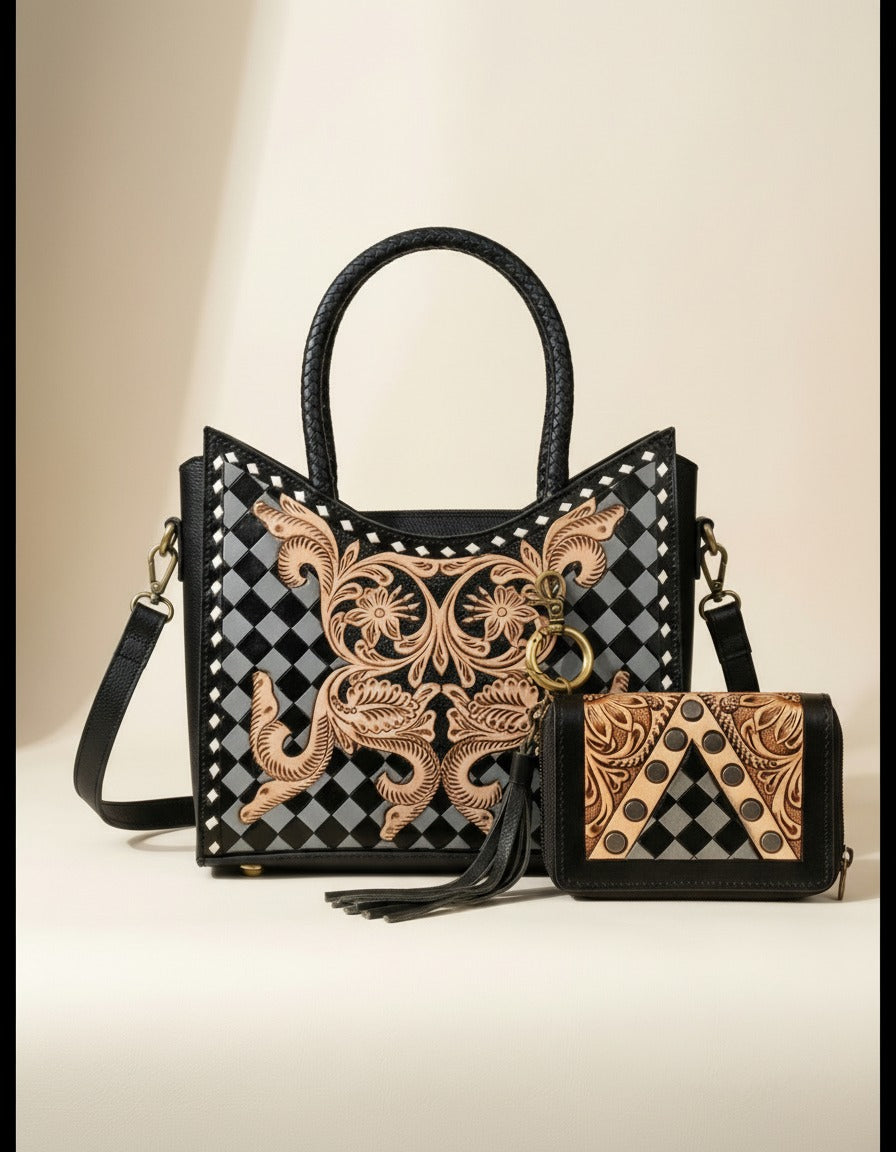 Black and grey checkerboard tooled leather tote, shown with matching tooled wallet, by Ya Qalbi