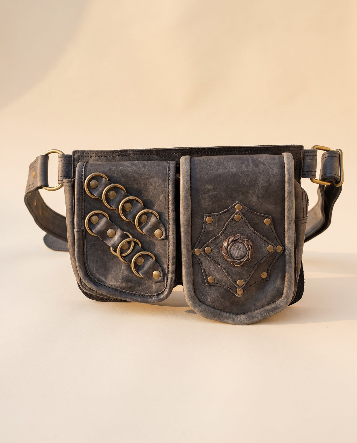 Black double pouch leather hip belt with rings and stone, front view, by Ya Qalbi