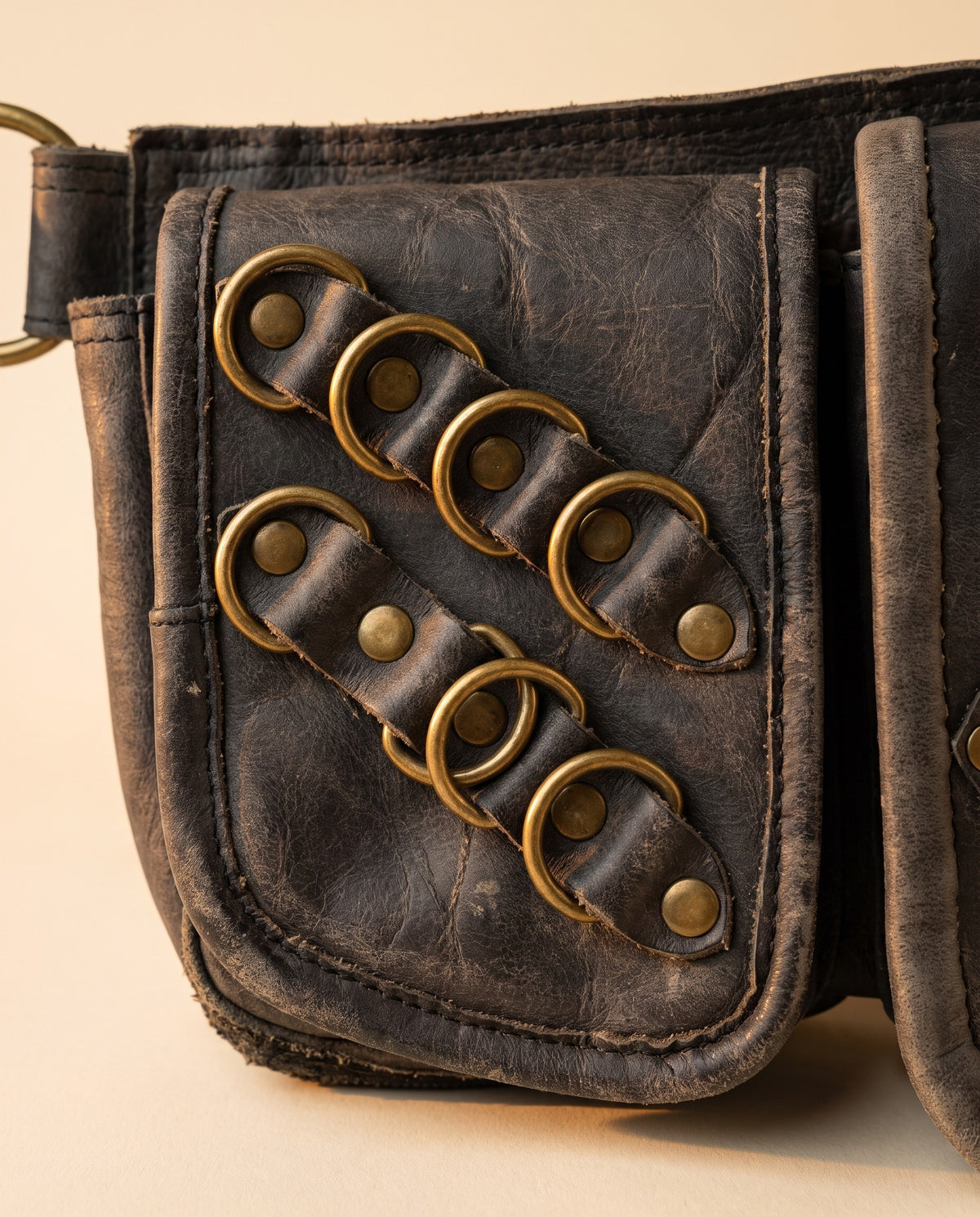 Black double pouch leather hip belt with rings and stone, detail close-up, by Ya Qalbi