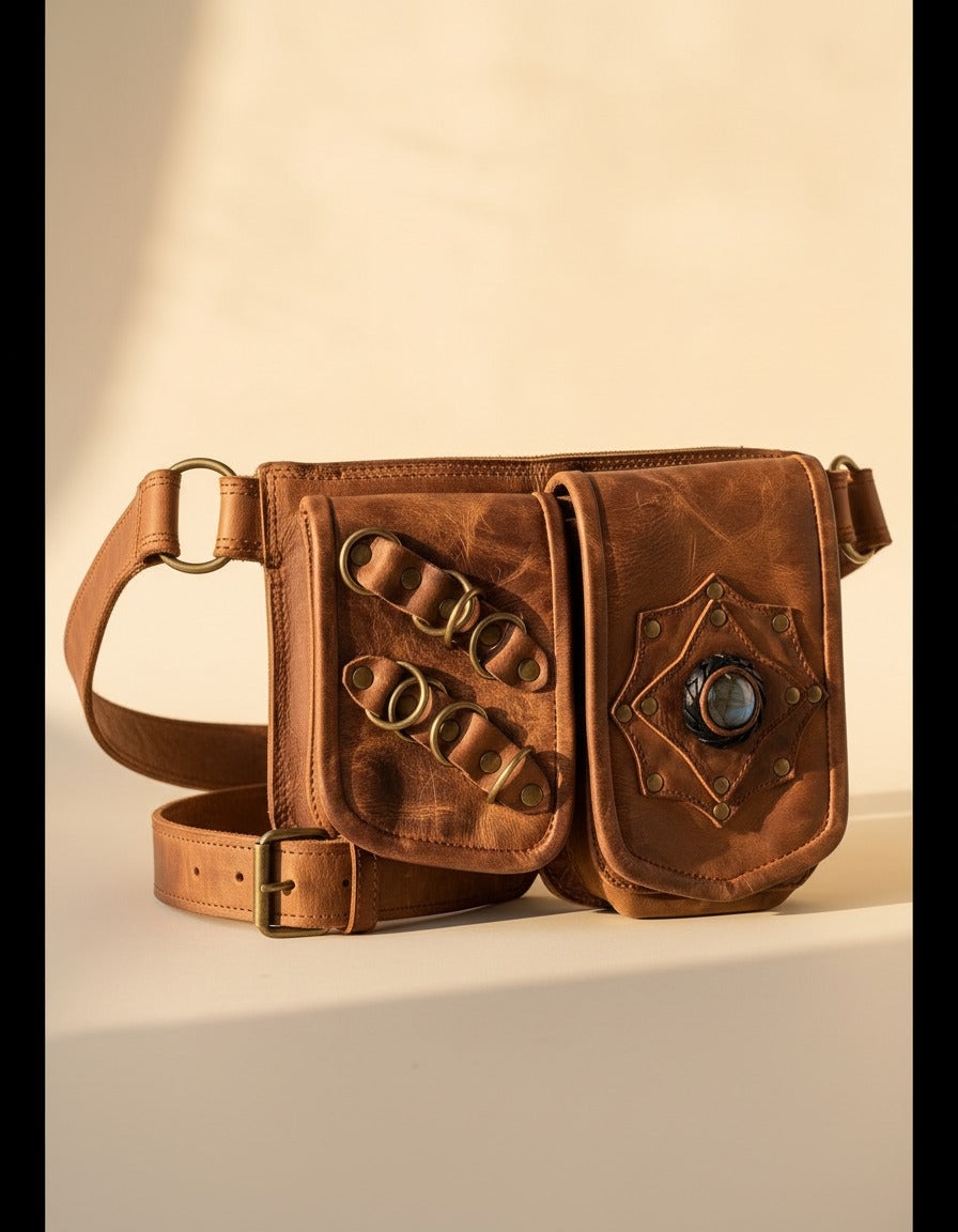 Tan double pouch leather hip belt with rings and stone, angled view, by Ya Qalbi
