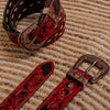 Full grain leather belt with hand carved floral and basketweave tooling