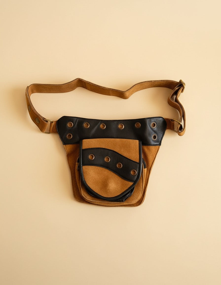 Tan and black eyelet suede hip bag, front view, by Ya Qalbi