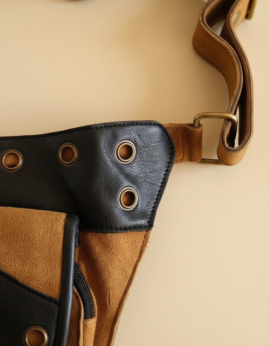 Tan and black eyelet suede hip bag, detail close-up, by Ya Qalbi
