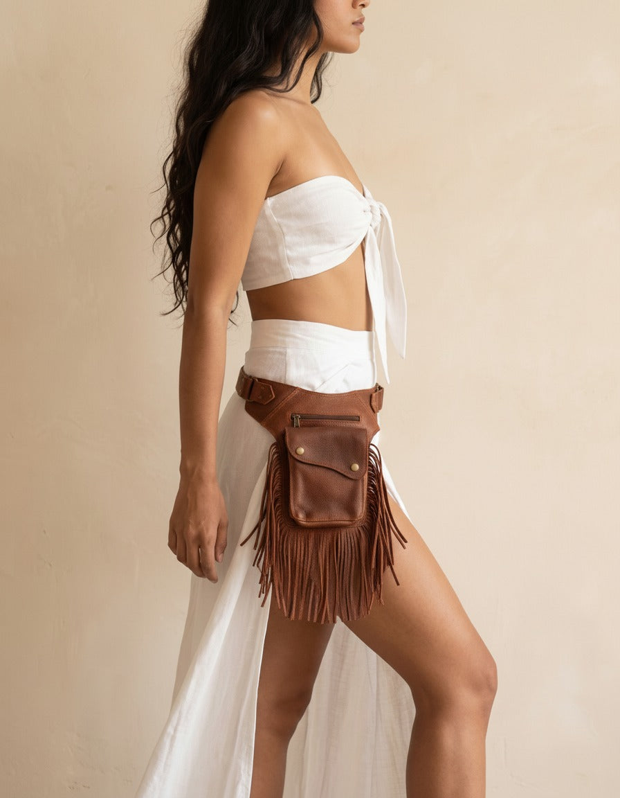 Brown fringe leather holster hip bag, worn by a model, by Ya Qalbi