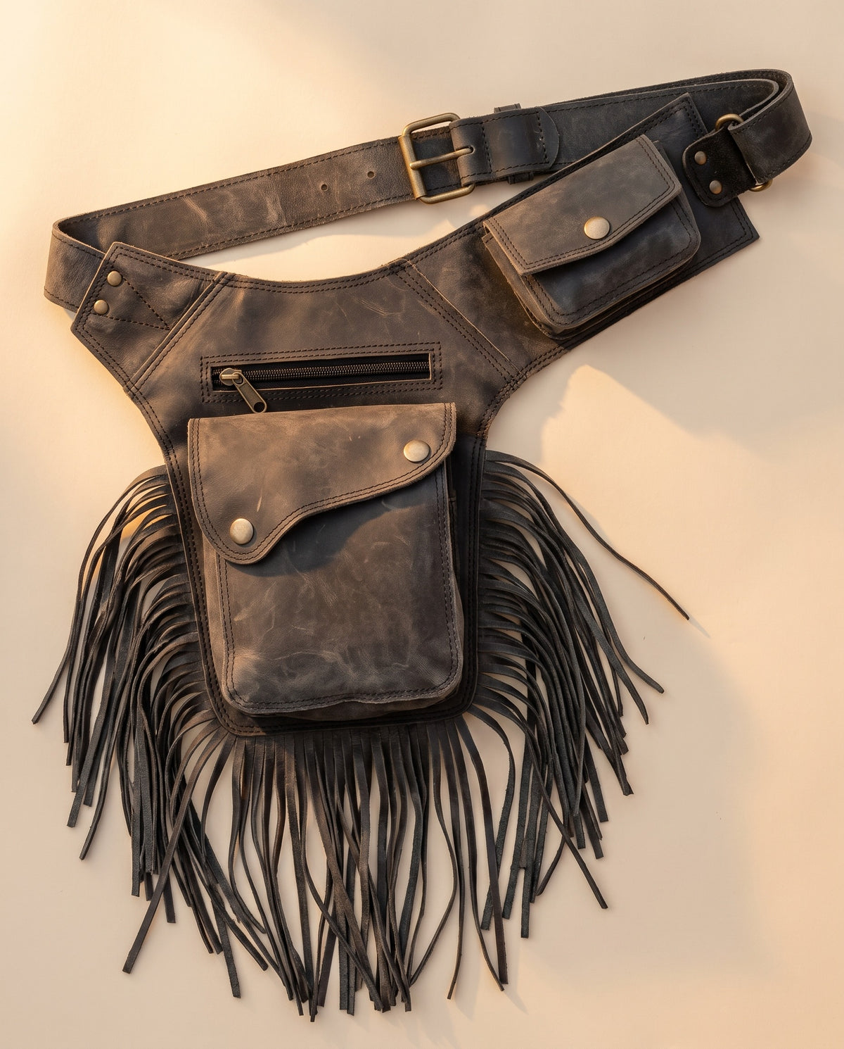 Charcoal fringe leather holster hip bag, front view, by Ya Qalbi