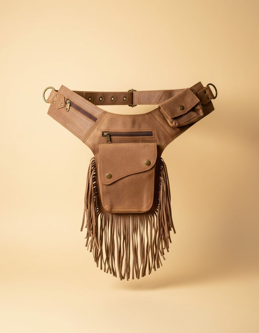 Tan fringe leather holster hip bag, front view, by Ya Qalbi