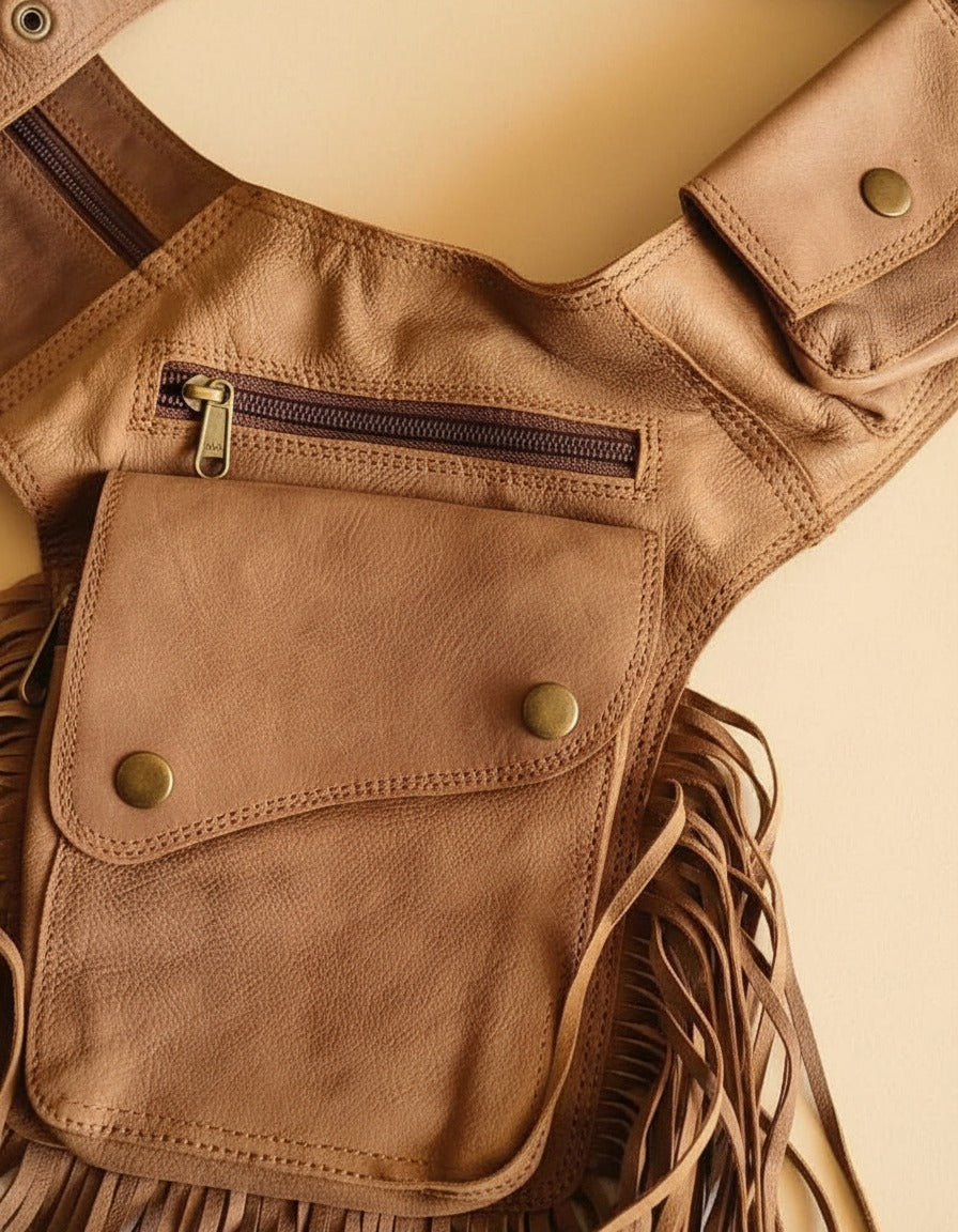 Tan fringe leather holster hip bag, detail close-up, by Ya Qalbi