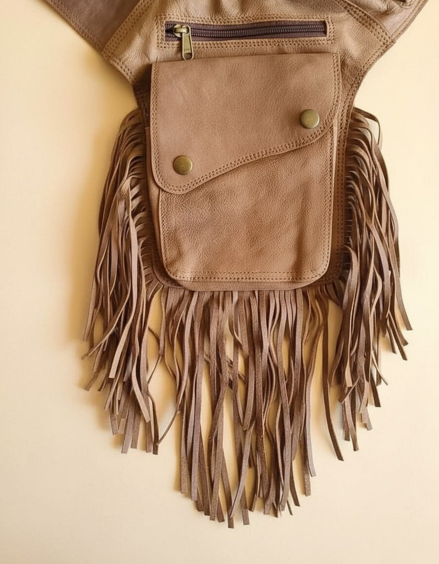 Tan fringe leather holster hip bag, detail close-up, by Ya Qalbi