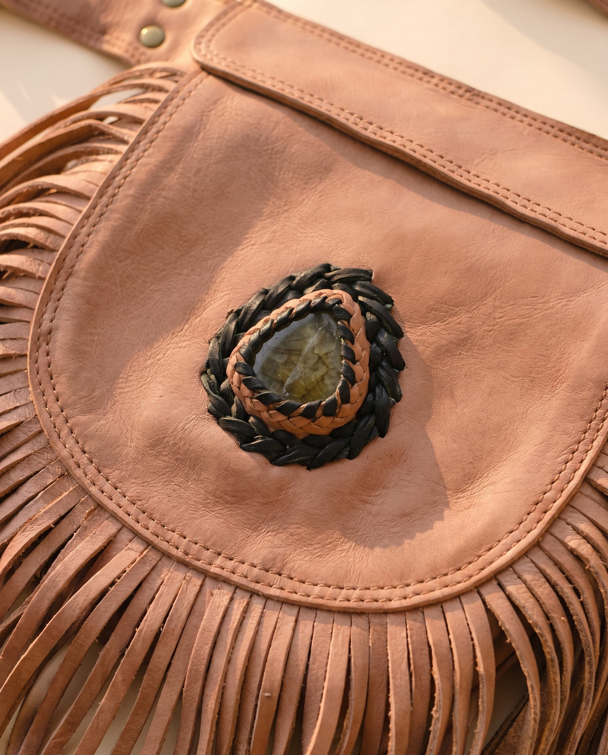 Blush fringe leather hip bag with stone, detail close-up, by Ya Qalbi