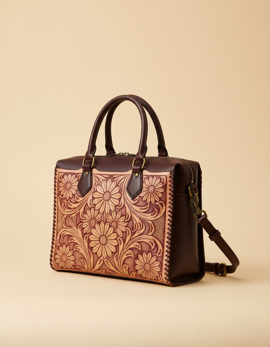 Brown hand-tooled floral leather tote, angled view, by Ya Qalbi