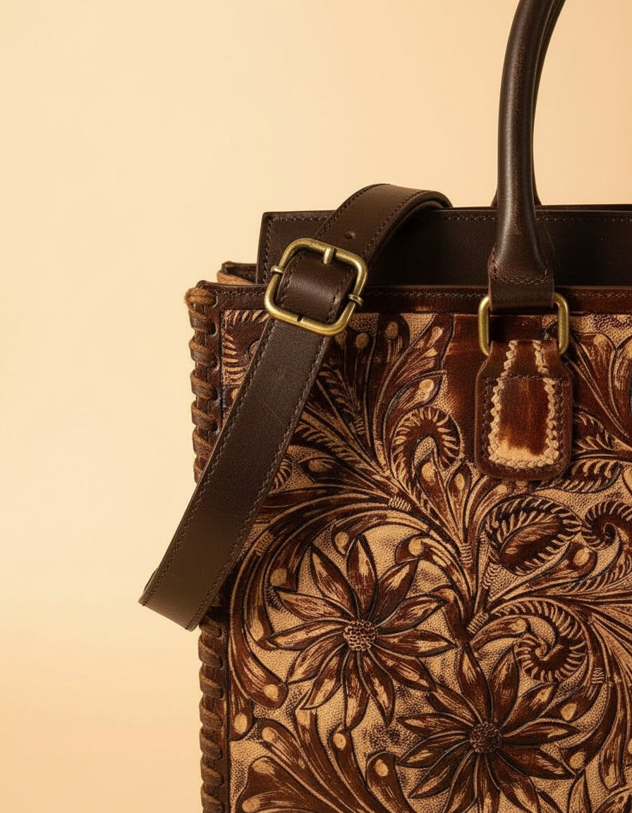 Brown hand-tooled floral leather tote, strap close-up, by Ya Qalbi
