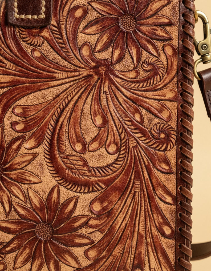 Brown hand-tooled floral leather tote, tooling close-up, by Ya Qalbi