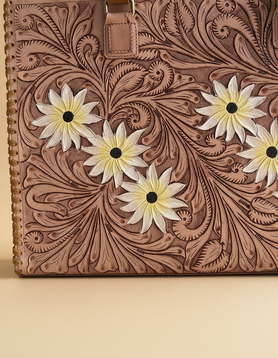 Daisy painted hand-tooled leather tote, hand-painted flowers close-up, by Ya Qalbi