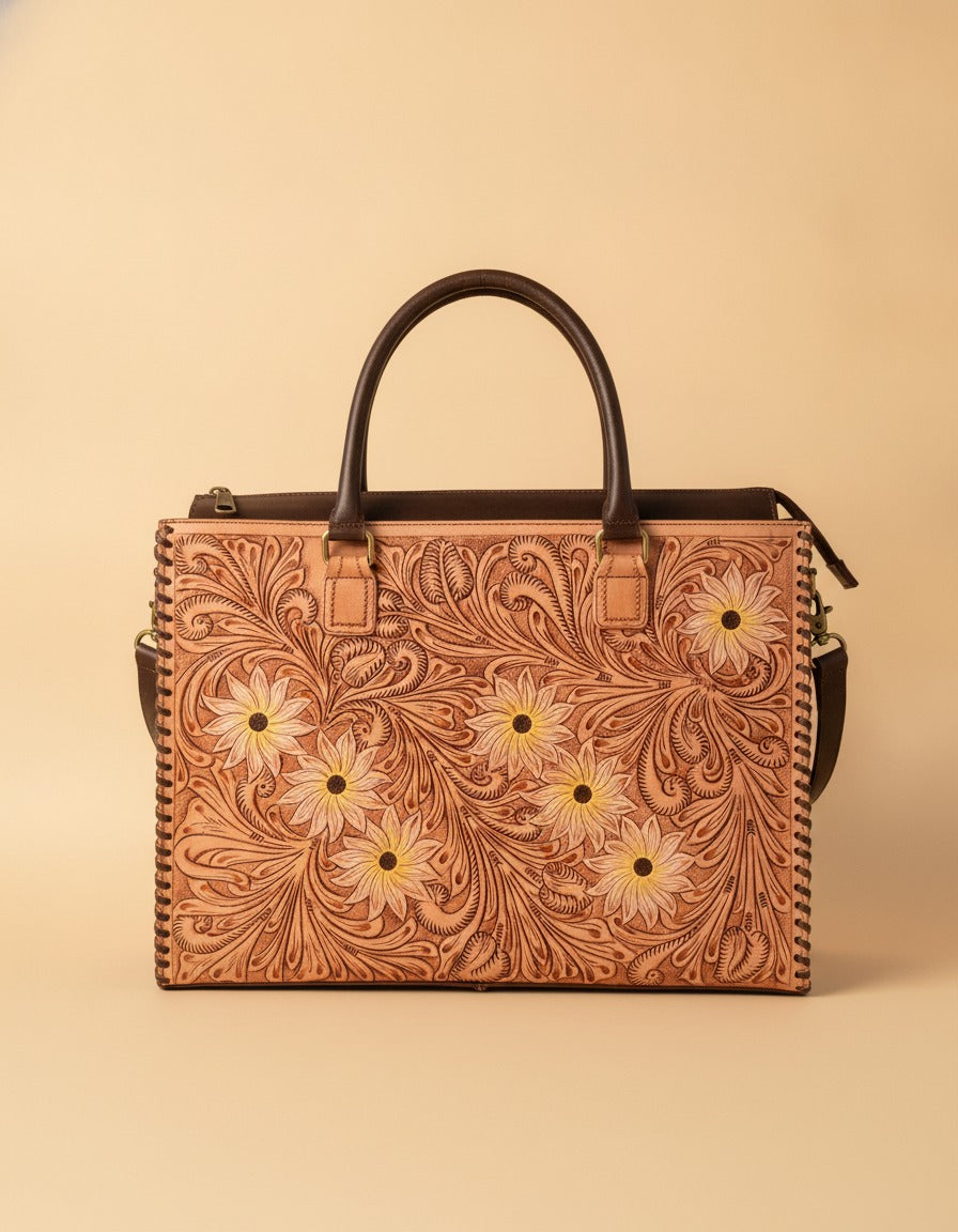 Sunflower painted hand-tooled leather tote, front view, by Ya Qalbi