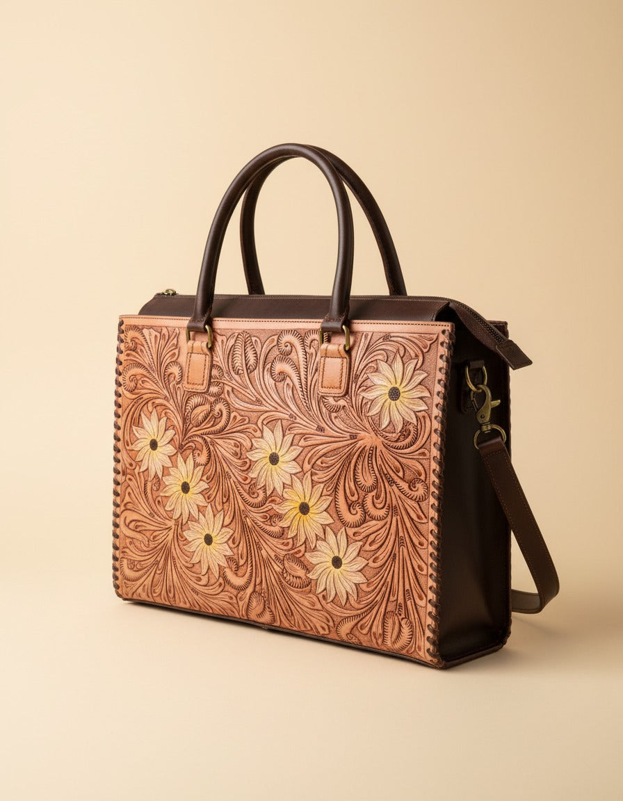 Sunflower painted hand-tooled leather tote, angled view, by Ya Qalbi