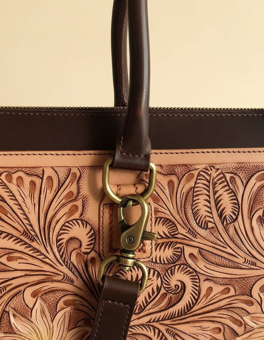 Sunflower painted hand-tooled leather tote, handle and zip close-up, by Ya Qalbi