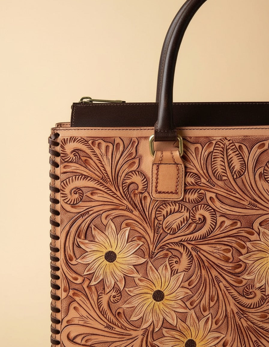 Sunflower painted hand-tooled leather tote, hand-painted flowers close-up, by Ya Qalbi