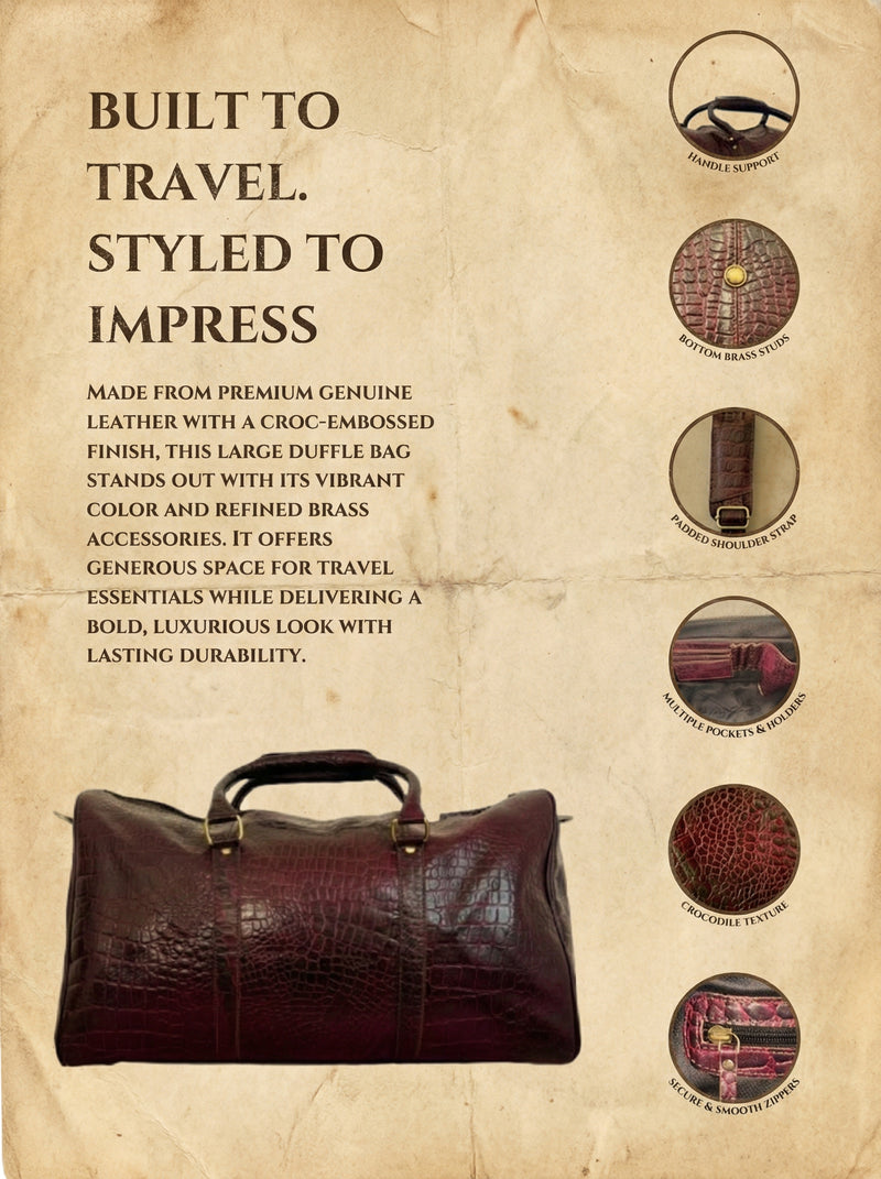 Maroon crocodile texture leather weekender detail by Ya Qalbi