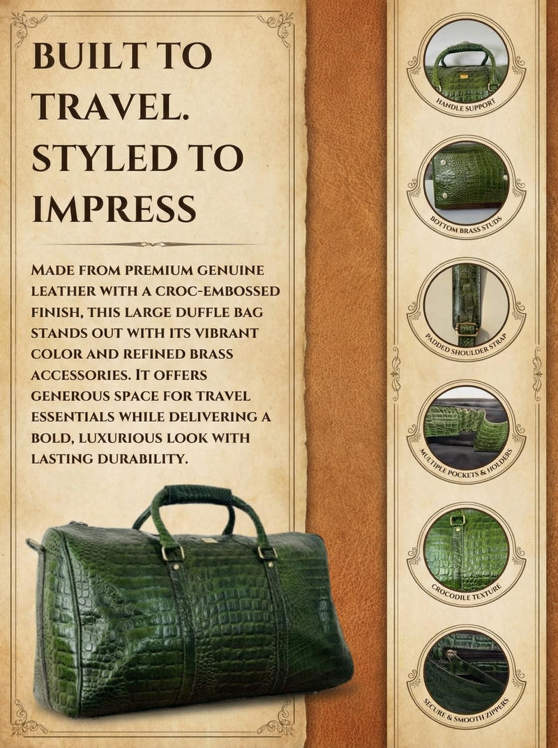 Green leather travel duffle handcrafted by Ya Qalbi