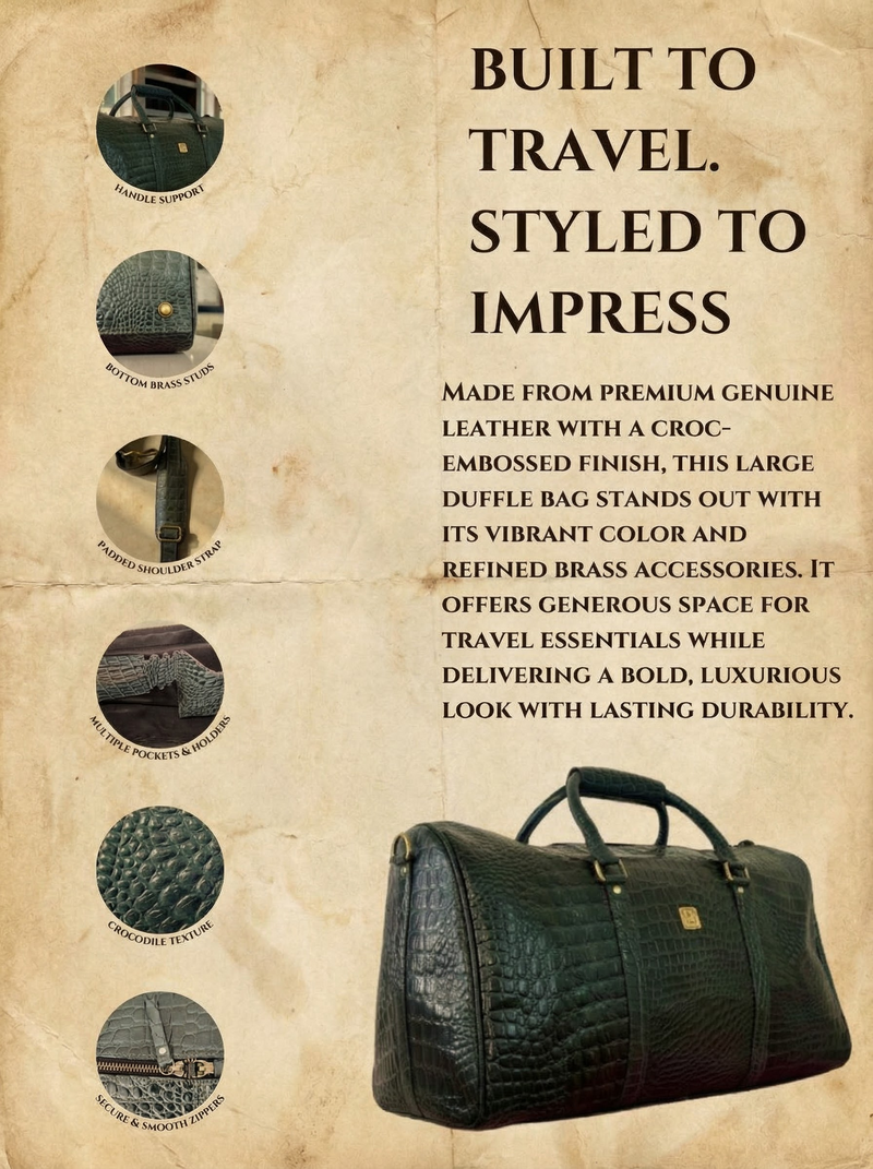 Blue crocodile texture leather weekender detail by Ya Qalbi