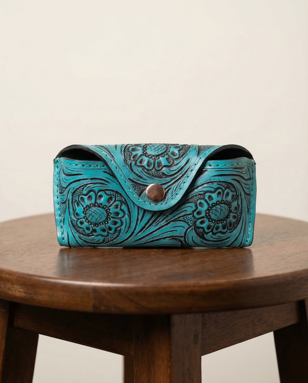 Turquoise hand-tooled leather sunglasses case with scroll floral carving by Ya Qalbi