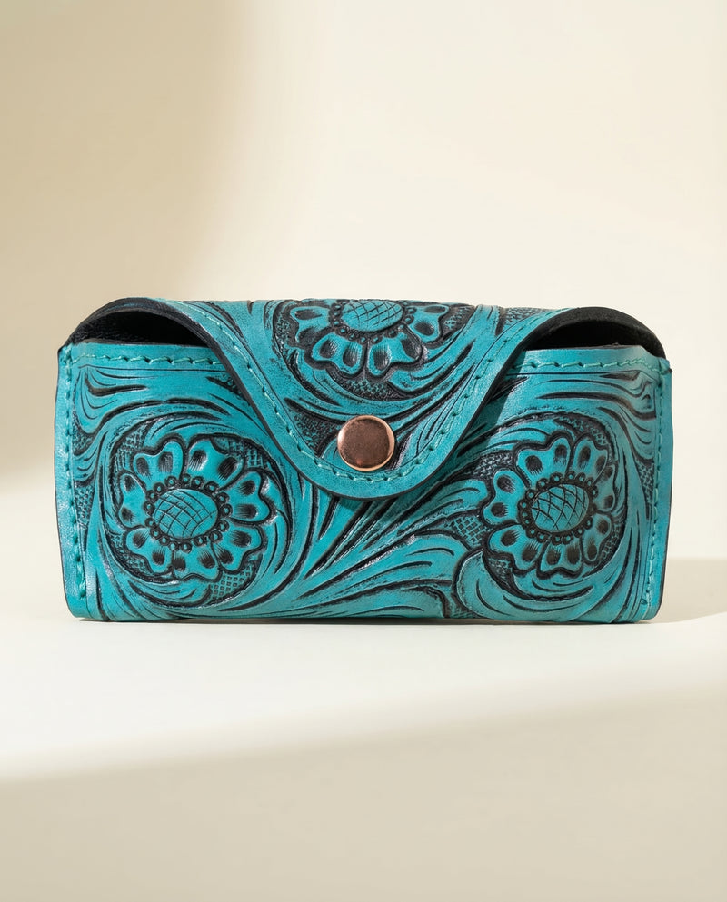 Full-grain turquoise leather eyeglass holder with copper snap by Ya Qalbi