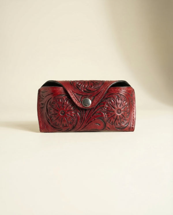 Red hand-tooled leather sunglasses case with Western floral carving by Ya Qalbi