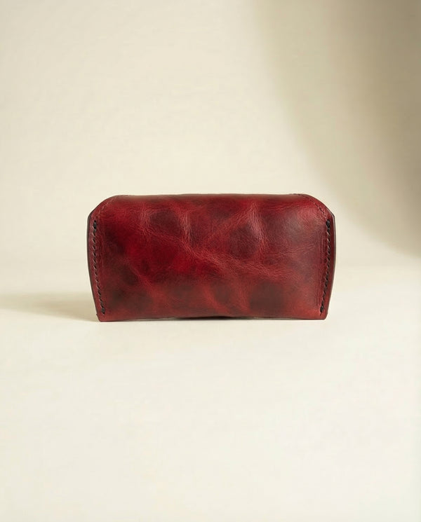 Burgundy full-grain leather eyeglass holder with silver snap by Ya Qalbi