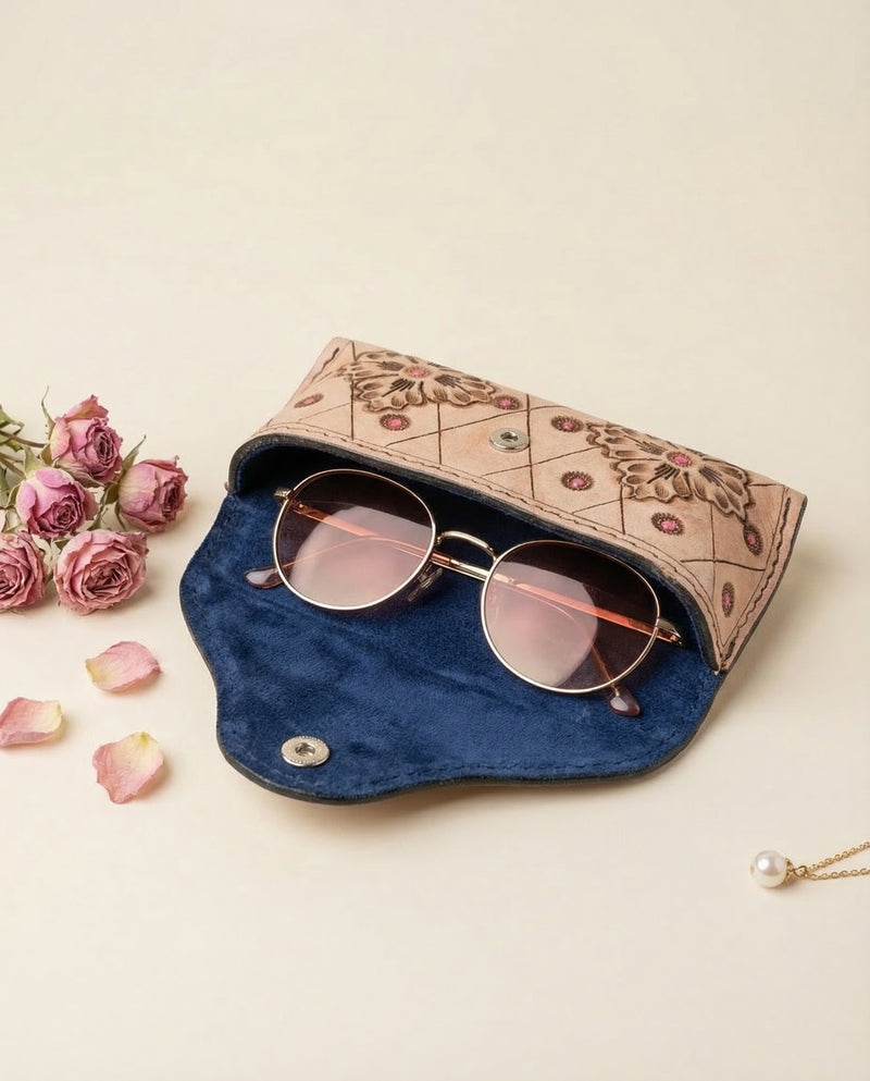 Boho romantic leather sunglasses holder in beige by Ya Qalbi