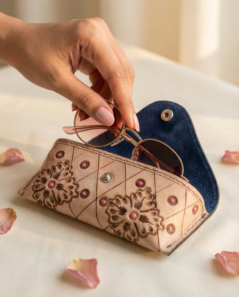 Hand-tooled beige leather eyewear case closeup by Ya Qalbi