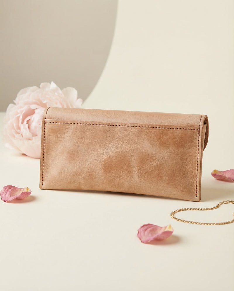 Full-grain leather eyeglass case with pink stone accent by Ya Qalbi