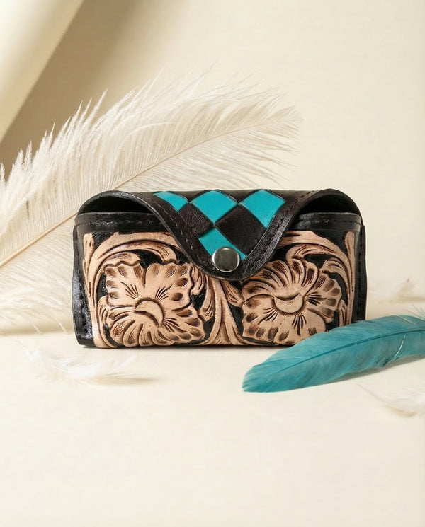 Black Hand Tooled Leather Sunglasses Case | Turquoise Diamond Woven Flap | Western Floral Carved Eyeglass Holder | Full Grain Leather Gift | Boho Cowgirl Accessory